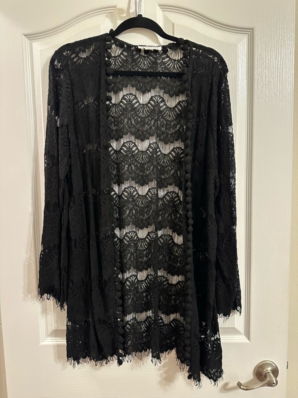 Love Riche Black Lace Open-Front Overlay with Pom Trim